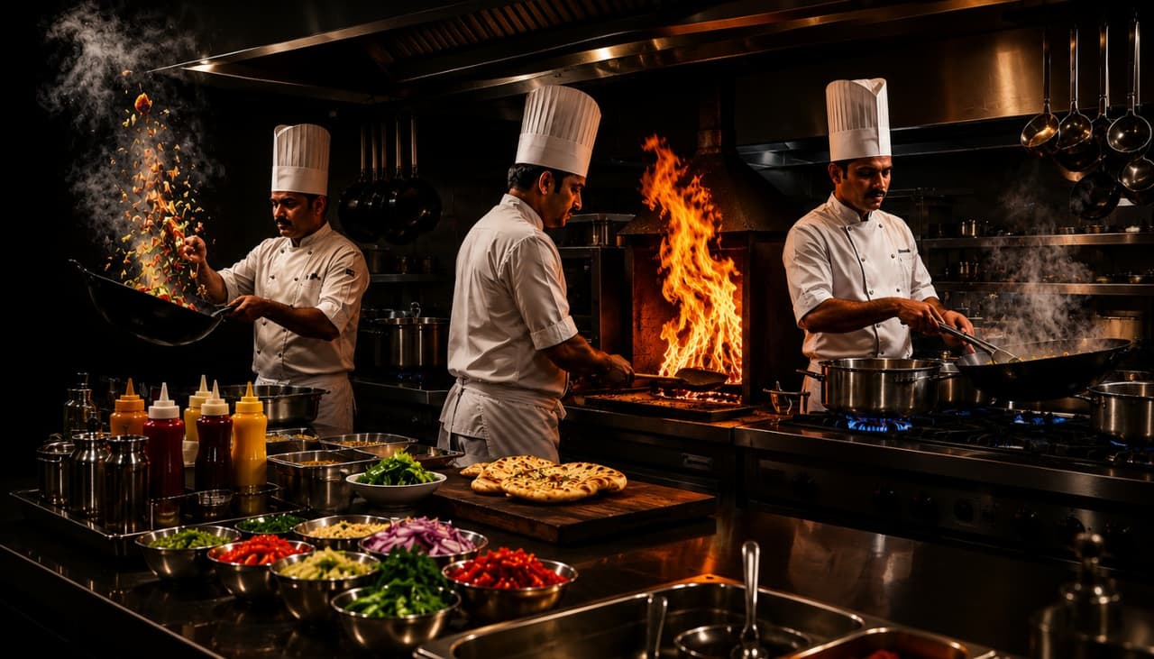 Our chefs preparing authentic Indian cuisine in the kitchen