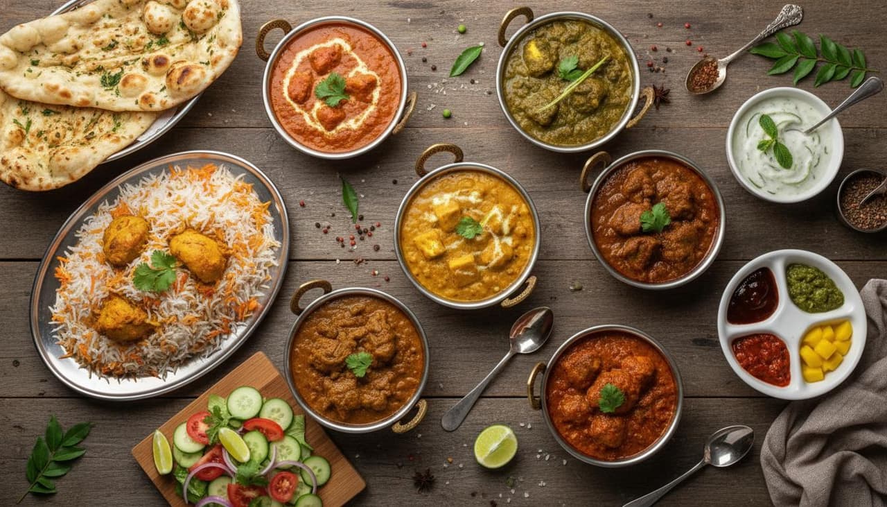 Spread of authentic Indian curries, biryani and naan at Lotus