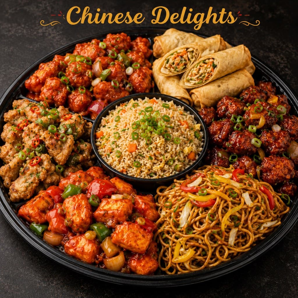 Chinese platter with manchurian, spring rolls, fried rice and hakka noodles