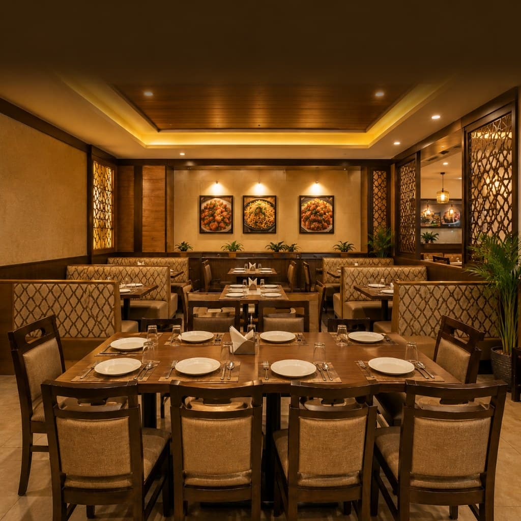 Warmly lit indoor family dining hall with wooden tables and booth seating