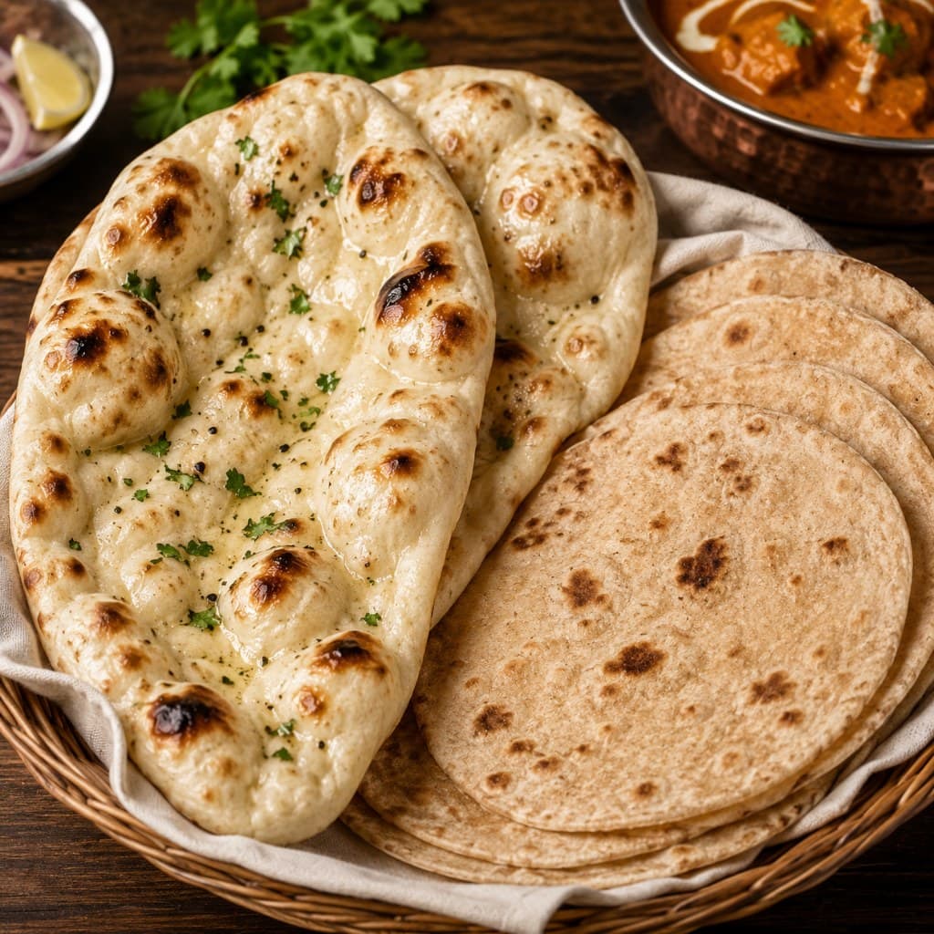 Fresh butter naan and tandoori roti in a basket with curry