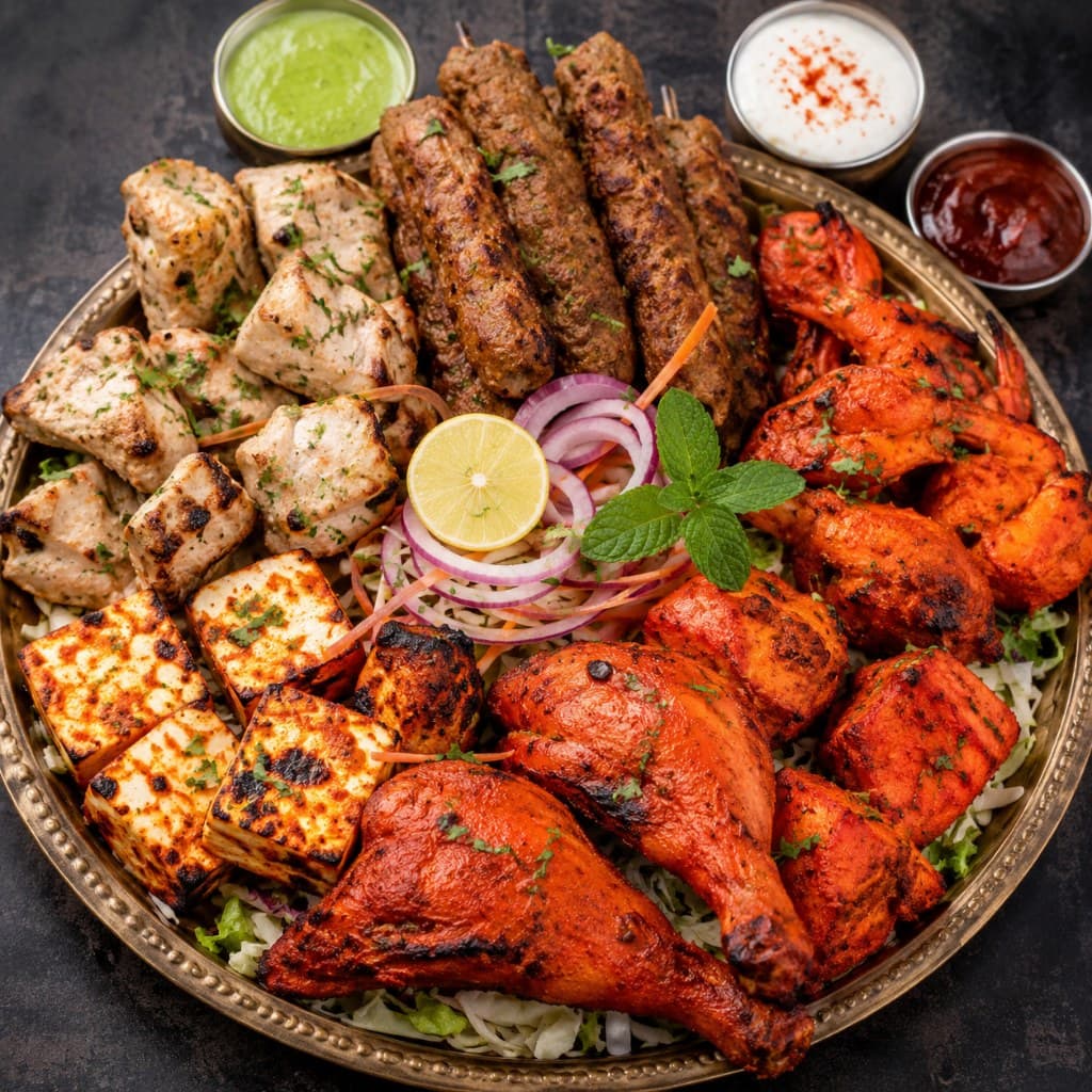 Mixed tandoori platter with chicken tikka, seekh kebab, paneer tikka and tandoori chicken